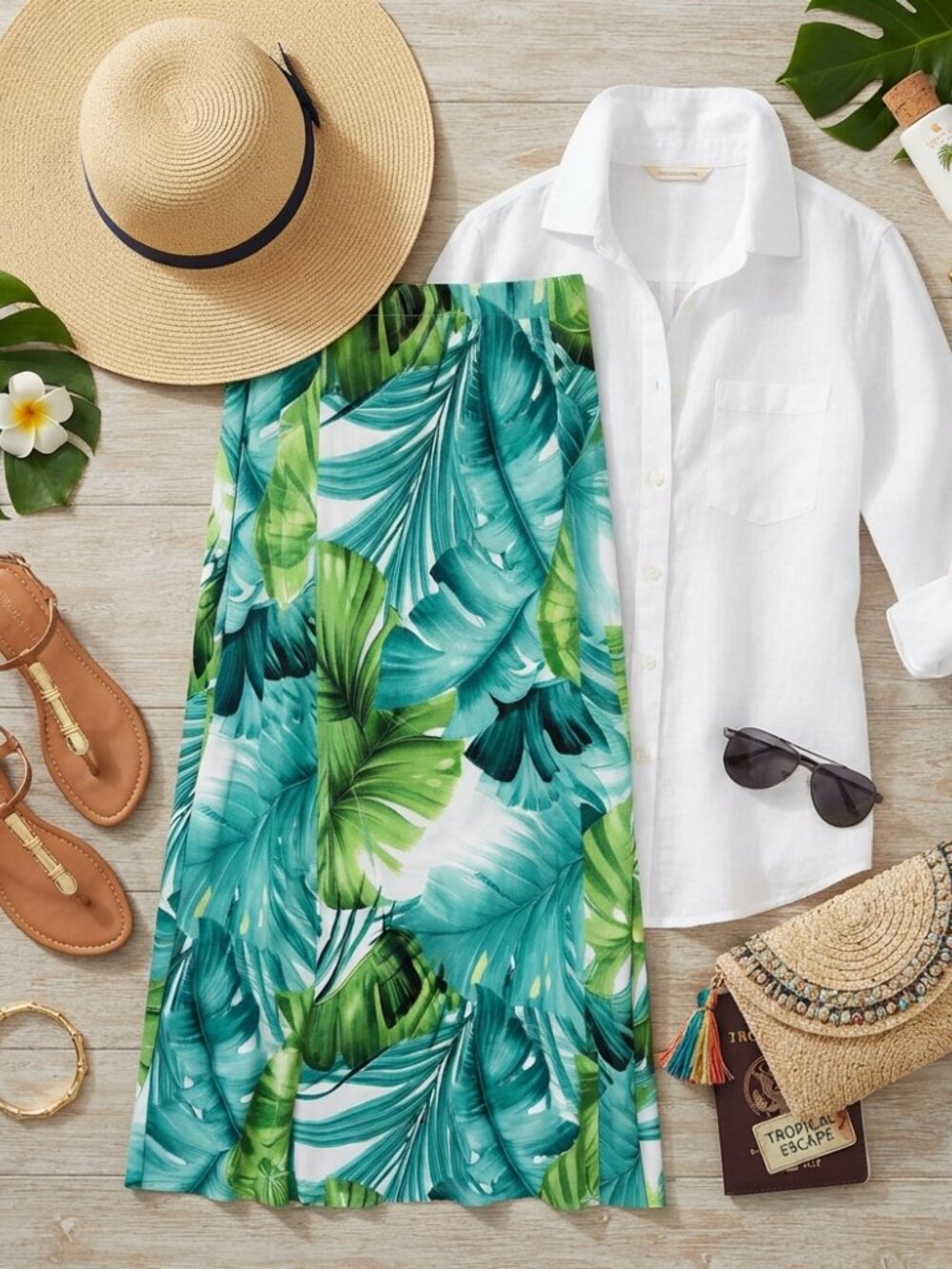 Susan Graver Womens 1X Liquid Knit Maxi Skirt Tropical Palm Resort Wear Travel